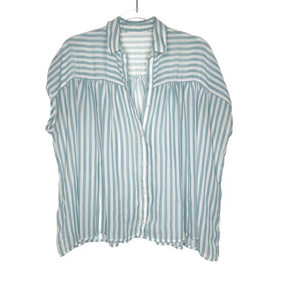 ELODIE Striped Short Sleeve Button-Front Shirt Blouse Sheer Blue White Size M/L - Picture 11 of 11